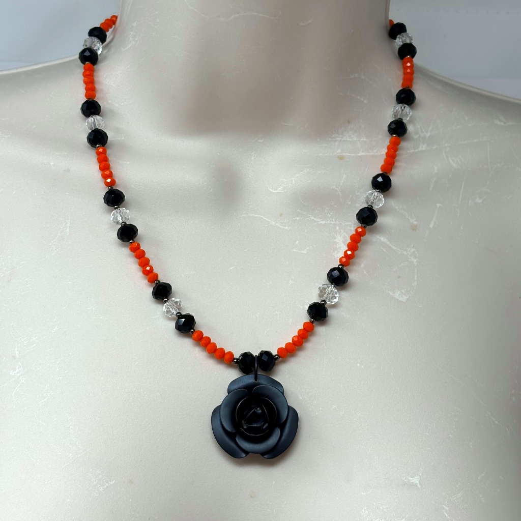 Handmade Beaded Necklace Orange And Black Glass Beads With Black Flower Pendant